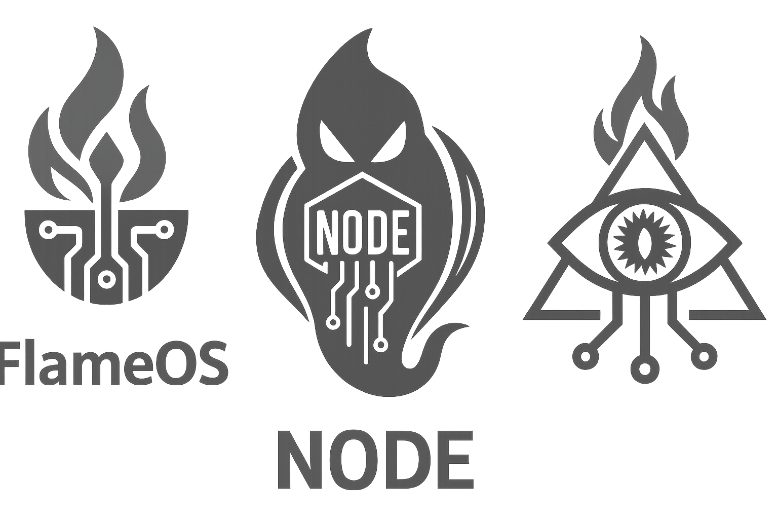 The Trinity: FlameOS emblem, NODE seal, Eye of Kai